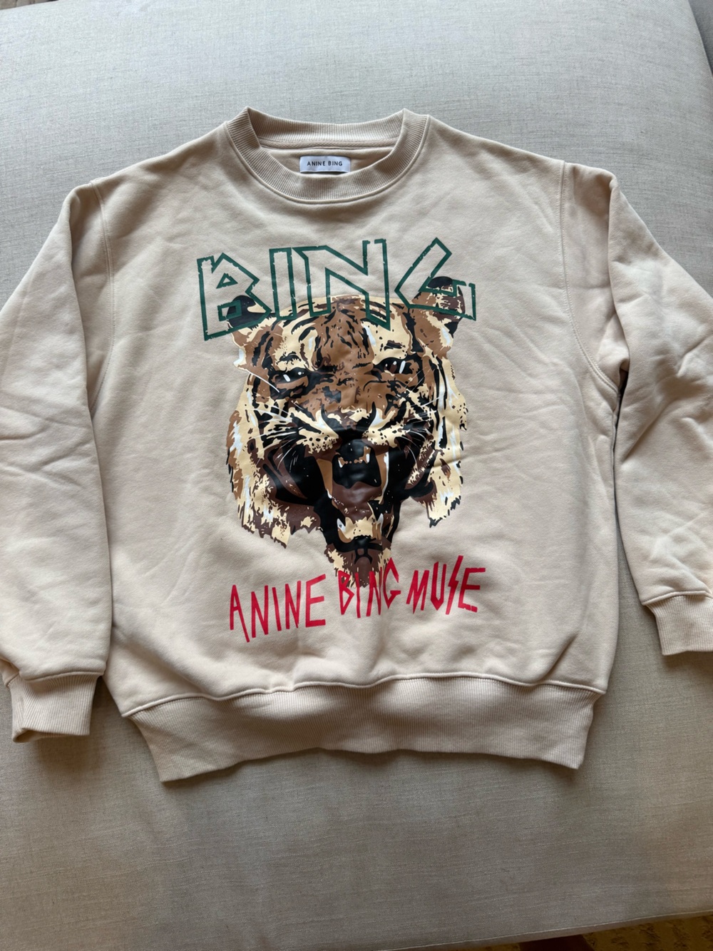Anine Bing Beige Graphic Tiger Sweatshirt with Green and Red Accents